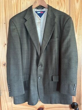 Tommy Hilfiger Men's Olive Windowpane Plaid Wool Sport Coat